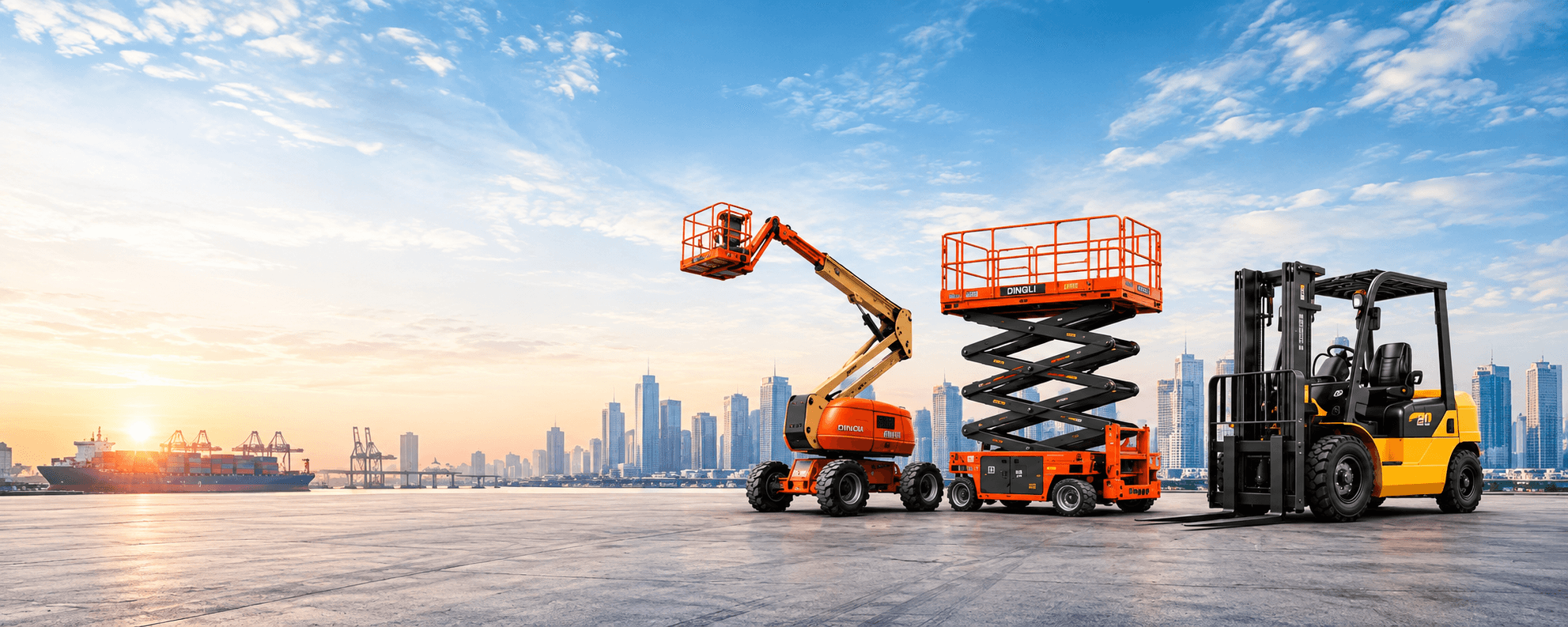 Excavator, scissor lift and forklift equipment against a city skyline