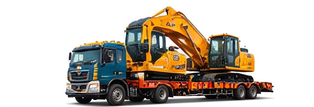 Flatbed truck transporting an excavator